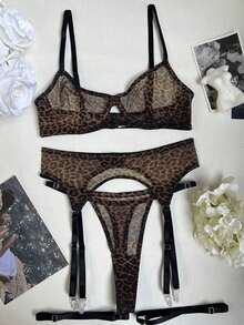 Wild See-Through Leopard Print Lingerie Garter Belt Lingerie Set, Rave - màu nâu - Xem 2
