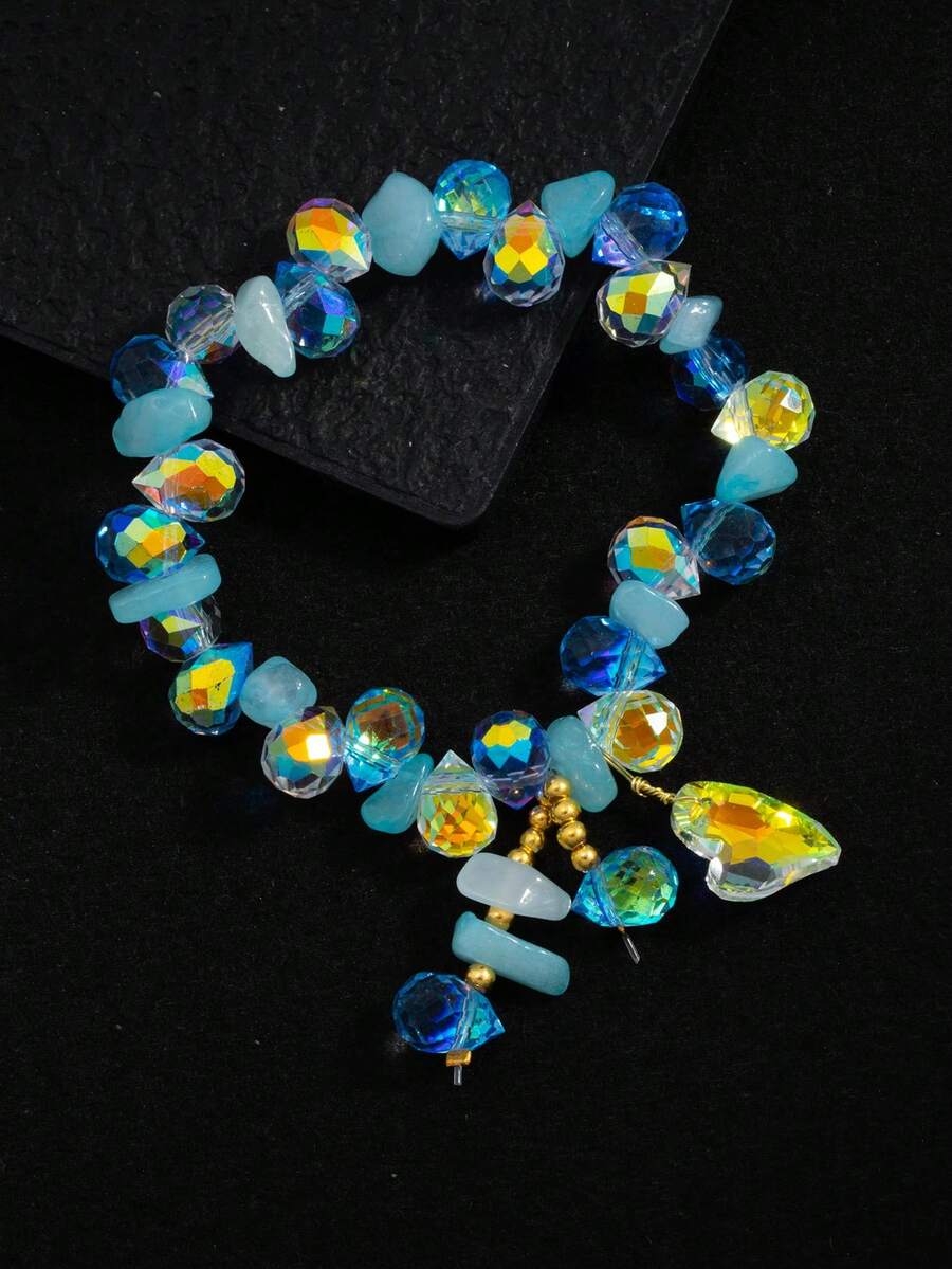 1pc Summer Woven Shiny Bracelet, Sea Blue Iridescent Heart Charm Elastic Bracelet, Teens & Girls Jewelry - Style 1 - View 1