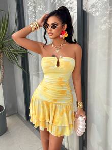 AIJ Amarilo Women's Yellow Tie Dye Sexy Elegant Y2K Ruched Backless Cutout Tiered Ruffle Mini Dress Summer Spring Beach Party Clubwear Festival Season Graduation Season Bodycon Sundress - Yellow - View 4