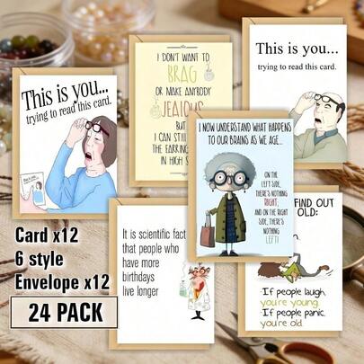 24张趣味贺卡，附信封 - 内页空白，可书写个人祝福，适用于各种场合 - 感恩节、生日、母亲节、父亲节、情人节、复活节、新年、祝贺和感谢 - 幽默贺卡、礼品卡、折叠卡，送给家人和朋友，男女通用