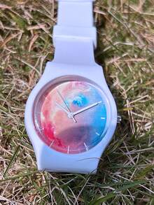 1块简约夏日清新梦幻渐变星空图案果冻防水石英表，适合儿童、学生、男孩女孩、青少年，可作礼物 - 白色 - 查看 4