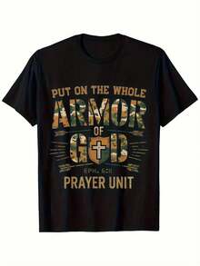 Camiseta Vintage de Camuflaje para Hombre "Armadura de Dios" - Estampado de la Unidad de Oración Efesinos 6:10-18, Diseño de Camuflaje Religioso Negro, Corte Casual, Lavable a Máquina, Comodidad para Todas las Estaciones, Ropa de Fe Cristiana, Ropa Cómoda|   Camiseta con Estampado Atrevido|   Parte superior lavable a máquina - Negro - Ver 2