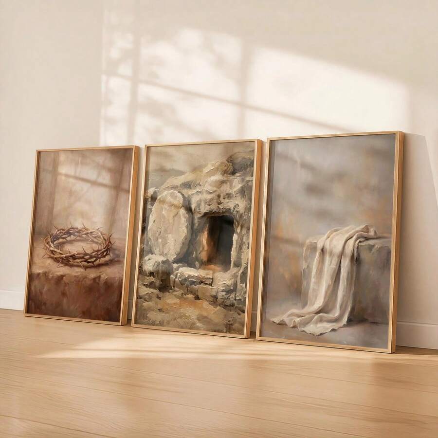 三件套基督教主题墙饰“从受难到复活”。复活节礼物。基督教电子海报。