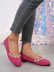 Zapatos de unicolor elegantes, para uso en la oficina, decorados con rhinestones y perlas, adecuados para todas las estaciones - Rosa Fucsia - Ver 5