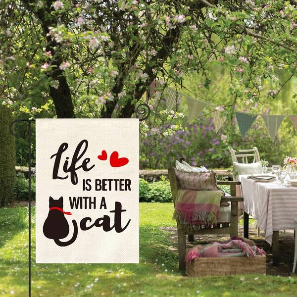 Bandeira de jardim "A vida é melhor com um gato", decoração dupla face para quintal com animais de estimação, 30 x 45 cm
