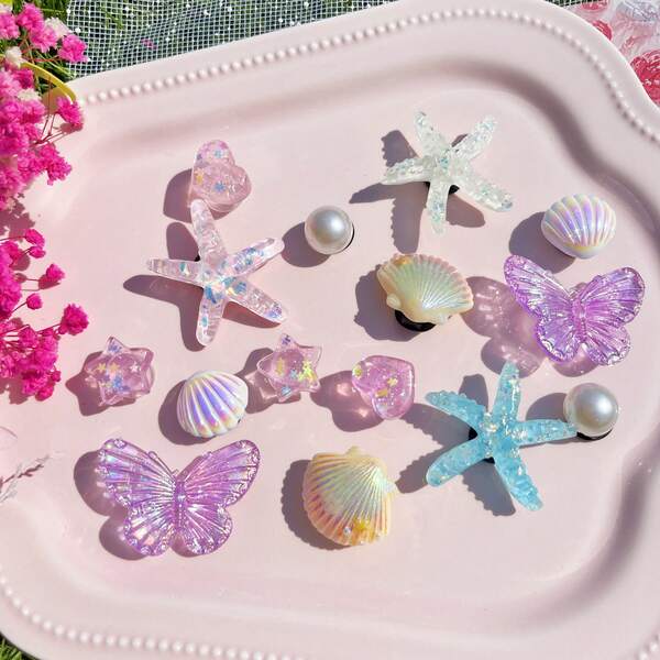 15pcs Multi-Color Ocean Series DIY Detachable Shoe Charms, With Sequin Chain, Starfish Shell Wave Pattern Stars, Suitable For Hole Shoes, Beach Sandals, Slippers Decoration