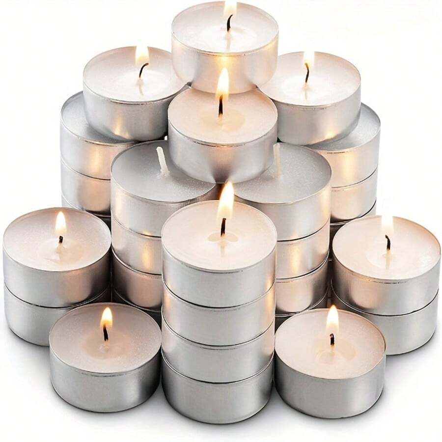 50pcs Odorless Long-Lasting Tea Light Candles, White No-Drip No-Smoke Mini Candles, Size: 3.5cm/1.37in. For Grilling, Home, Swimming Pool, Bar, Birthday Party, Wedding Decor And Emergency - White - View 1