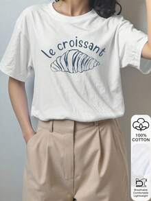 Y2K Style Summer Top, 100% Pure Cotton Soft T-Shirt, Cute And Fun Croissant Pattern, French Style, Breakfast Theme Print Crew Neck, Women's T-Shirt With Cartoon Coffee Style Lett - 白色 - 查看 2