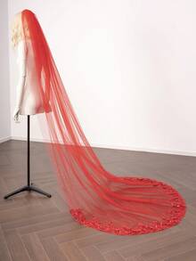 1 件红色薄纱蕾丝贴花亮片新娘头纱，教堂式长度，带梳子，适合新娘佩戴 - 紅色 - 查看 2