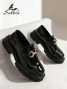 Salkin 新款英伦风设计师男士一脚蹬乐福鞋，复古气息，价格实惠，高端质感，柔软舒适，圆头，优雅正式皮鞋，亮面漆皮，厚底，适合休闲、约会、派对、婚礼、新郎、社交场合，春夏秋季。尺码偏小，请订购大一码。 - 黑色 - 查看 6