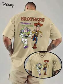 Disney Buzz Lightyear And Sheriff Woody Printed Men's Casual T-Shirts, "BROTHERSTOINFINITYAND BEYOND! ",Summer Sports And Leisure Wild Short Sleeves, Disney Element Round Neck Short Sleeve T-Shirt, Suitable For Casual Wear And Daily Activities. - Apricot - View 1