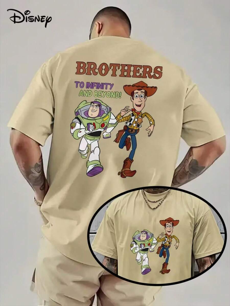 Disney Buzz Lightyear And Sheriff Woody Printed Men's Casual T-Shirts, "BROTHERSTOINFINITYAND BEYOND! ",Summer Sports And Leisure Wild Short Sleeves, Disney Element Round Neck Short Sleeve T-Shirt, Suitable For Casual Wear And Daily Activities. - Apricot - View 1