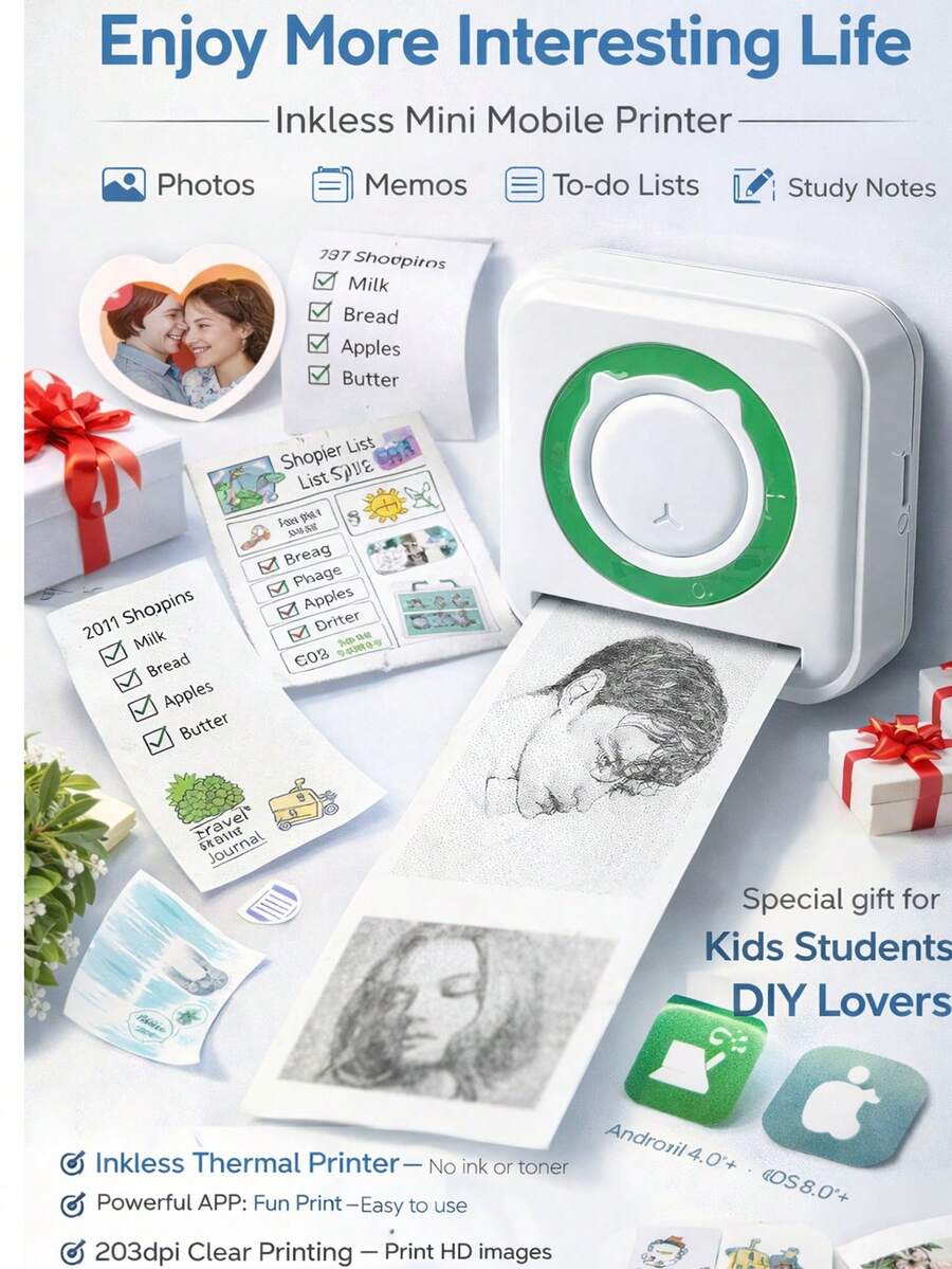 Mini Portable Thermal Printer, Inkless Blue-Tooth Photo & Label Printer For Students, Compatible With IOS & Android