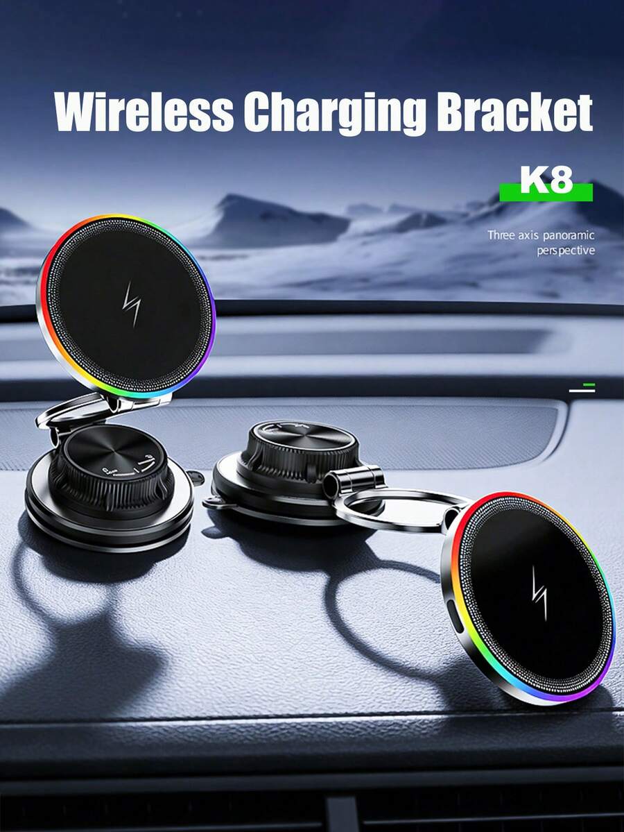 15W真空吸盘磁吸式无线充电器车载手机支架，360度旋转，兼容智能手机