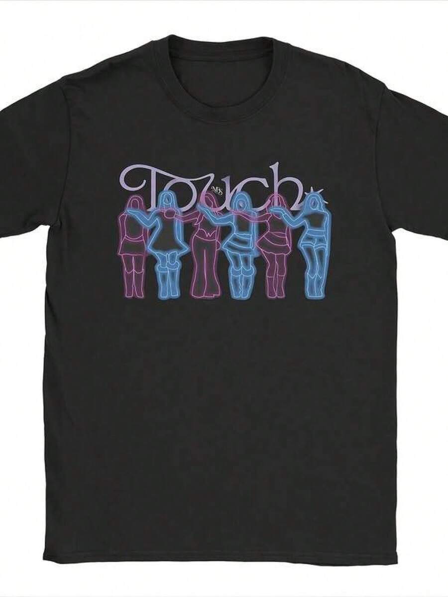 Inspired By The Katseye Group During The Touch Era. Men's T-Shirts, Fashionable T-Shirts, Short Sleeve, Crew Neck, Pure Cotton, Printed Clothing, Casual, Comfortable, Minimalist, Creative, Fun, Short-Sleeved T-Shirt, Suitable For Casual Outdoor Wear, Spring/Summer, Matching Mother And Daughter Set. - 黑色 - 查看 1