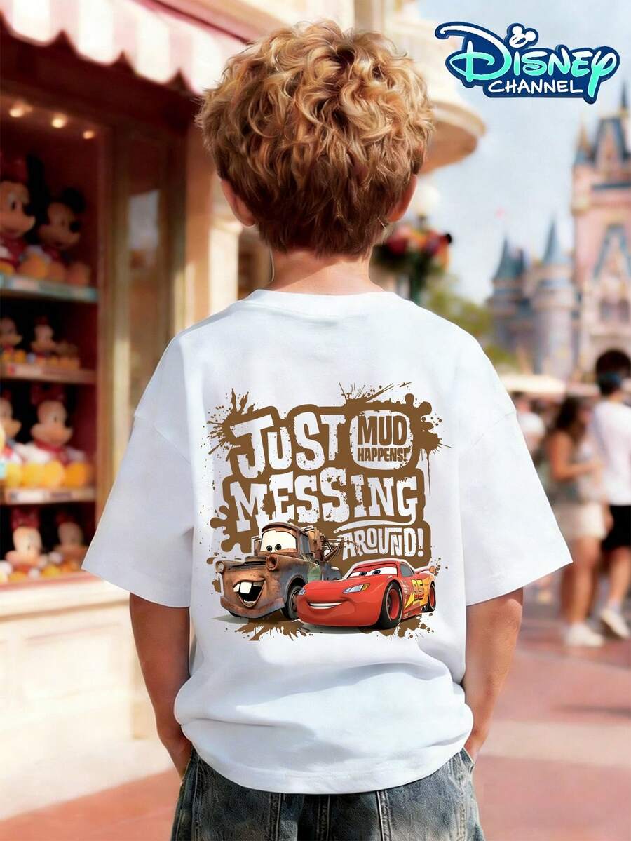 Disney Cars Teeth Cute Mud Print Crew Neck T-Shirt For Boys (Ages 3-12), 100% Cotton, Summer Short-Sleeve. Features A Cute Teeth Teeth Design On The Back, Interacting With Lightning McQueen In The Mud, Along With The "MUD HAPPENS!" Slogan And Mud-Splatter Elements. The Front Features A Small Print Of The Same Character. Pairs Well With Jeans, Shorts, Or Cargo Shorts. Suitable For Theme Park Outings, Outdoor Camping, Everyday Wear, Student Gatherings, And More. Skin-Friendly And Durable Cartoon IP Pattern Top, Creating A Unique Mud-Racing Style For Boys. - White - View 1