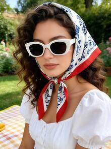1Pc 70x70cm Square Silk Scarf For Women, Satin Printed Headscarf, Neckerchief, Headband, Fashion Shawl & Scarf - Red Edge Blue and White - View 7