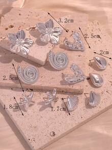 1/6 Đôi bông tai thời trang bằng bạc hình vỏ sò, sao biển, hoa 5 cánh, trái tim, giọt nước, thích hợp cho nữ giới đeo hàng ngày (Chất liệu nhựa ABS nhẹ) - Bạc - Xem 2