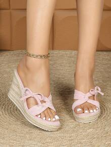 女士时尚高跟凉鞋，仿麂皮，沙滩，蝴蝶结，度假，交叉绑带，套脚式，露趾，露跟，经典圆头凉鞋，厚底凉鞋，绳底，夏季，户外，常规款，粉色女士凉鞋，坡跟拖鞋，性感，简约 - 粉色 - 查看 3