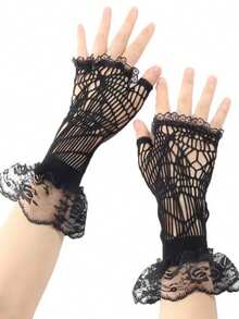 1 Pair High Elastic Fishnet Sexy Hollow Lace Floral Web Fingerless Arm Sleeve Gloves - Multicolor - View 2
