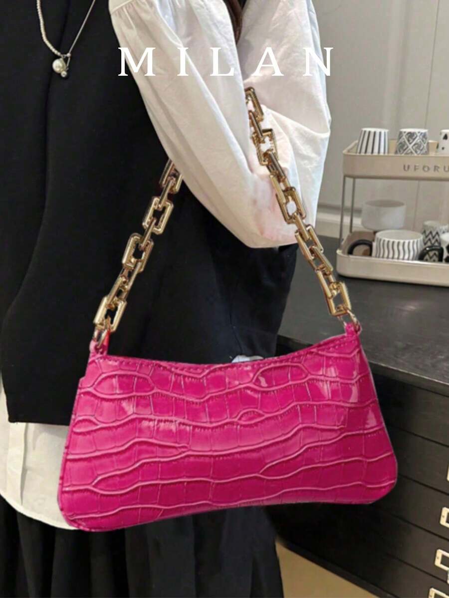 金链鳄鱼纹法棍形单肩包 - 玫紅色 - 查看 1
