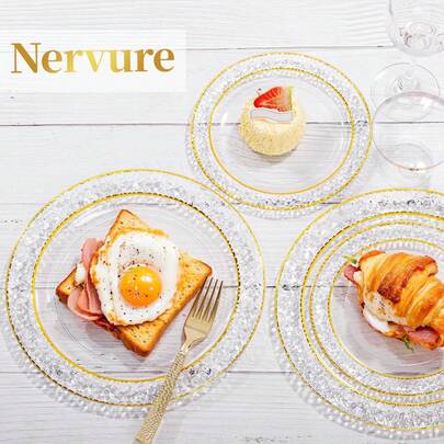 50/25/12/2件套透明锤纹金边餐盘，双层金边，透明底面饰以金边，优雅的甜点盘、意面盘、披萨盘、蛋糕盘、沙拉盘，尺寸7.5英寸/10.25英寸，可重复使用且易于清洁，适合户外使用、派对、生日、婚礼和节日等场合。