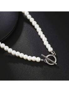 不锈钢OT扣仿珍珠项链，哥特风男士颈链，嘻哈珍珠项链 - 銀色 - 查看 5