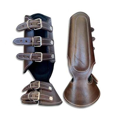 Protectores para Manos de Caballos tipo Campana-Canillera de Vaqueta con Hebillas Niqueladas en colore Cafe, Chedron, Vino y Negro