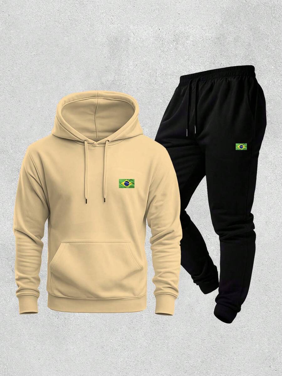 Men's Hoodie And Jogger Pants Set With Brazilian Flag Print, Casual, Minimalist, Sporty, Long Sleeves, Kangaroo Pocket, Comfortable For Autumn/Winter - 米色 - 查看 1