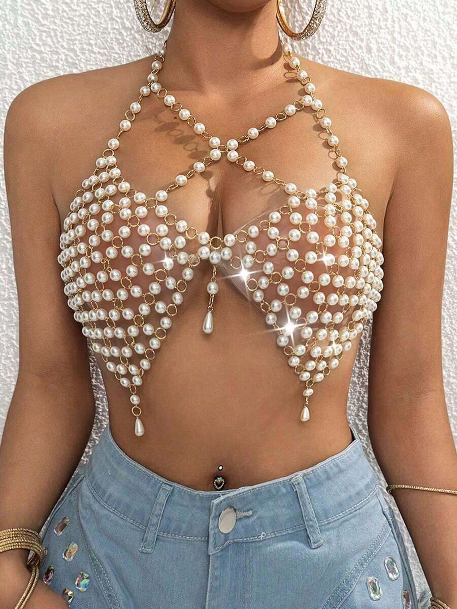 Fringe Pearl Beaded Bralette Bra Body Chain Jewelry Festivel Rave Lingerie Crop Top - White - View 1