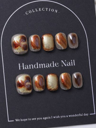 10pcs/Set Handmade Short Round Palm Pieces In Europe And America, Y2K Brown Style & Hand Painted Gradient Shading With Fine Glitter Design For Nail Decoration. 1 Piece Of Jelly Gel And 1 Piece Of Nail File. Perfect For Daily Life And For Costumes At Coachella Music Festival, Press On Nails And Nail Care Products. Handmade Press On Nails