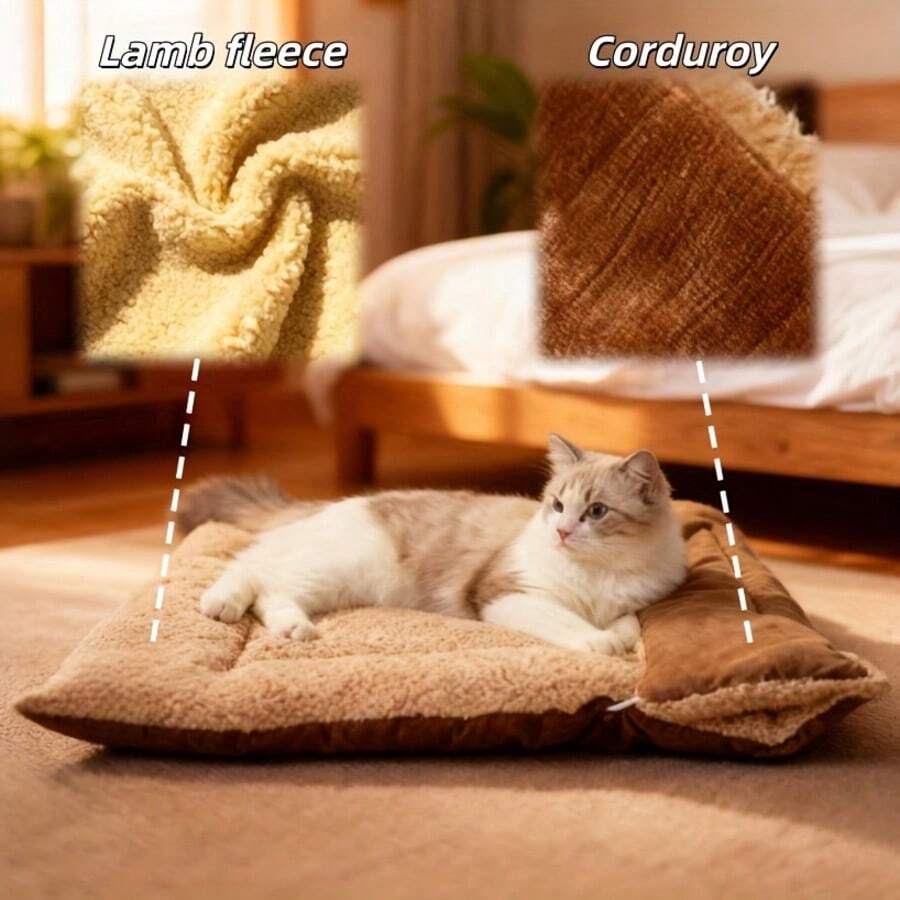 1个装优质加厚毛绒宠物床 - 超柔软保暖的睡眠表面，适合猫狗，增强型易清洁设计，带防滑矩形底座 - 彩色 - 查看 1