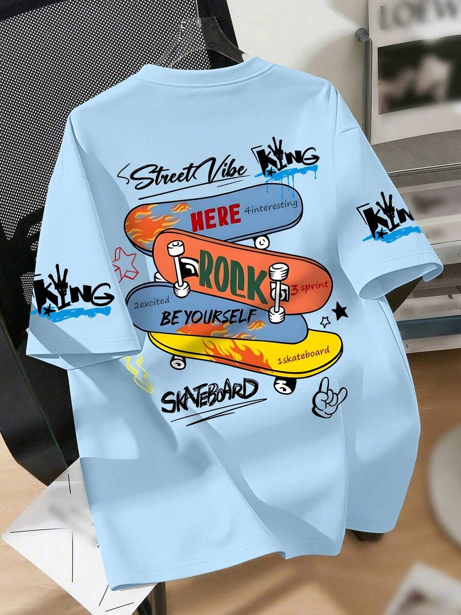 Camiseta de cuello redondo con estampado de monopatín para adolescentes, top casual y suave para el verano - Celeste - Ver 1