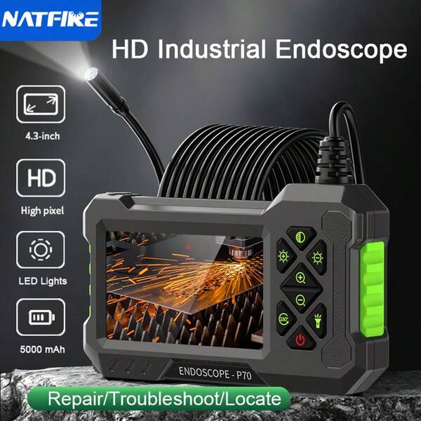  Cámara de endoscopio industrial NATFIRE con 8 luces LED, pantalla HD de 4.3 pulgadas, equipo de inspección de video boroscopio, resistente al agua IP67, batería de litio recargable, alimentado por batería, 5000mAh, endoscopio para alcantarillado sin necesidad de montaje, ideal para reparación de automóviles y plomería