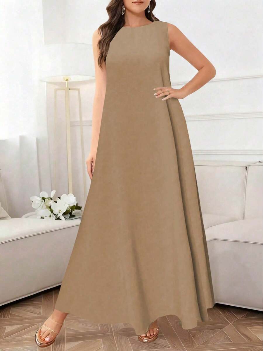 Women's Elegant Solid Color Casual Round Neck Sleeveless Loose Dress, Summer - Coffee Brown - View 1