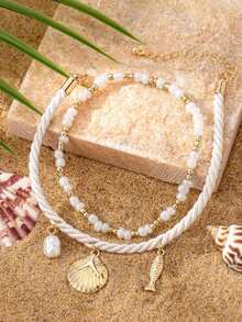 2 piezas Tobilleras de moda con cuentas, conchas y peces, adecuadas para el uso diario y vacaciones en la playa de las mujeres - Blanco - Ver 2