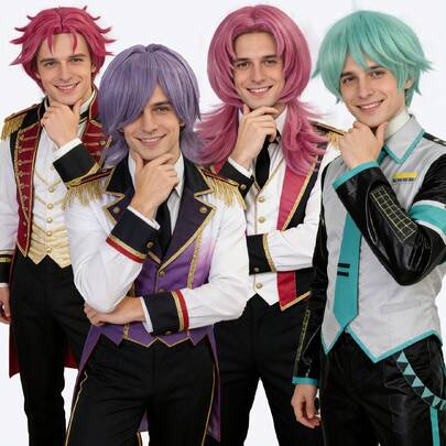 时尚男士多功能亮丽粉彩角色扮演假发 – 薄荷绿短款层次剪裁、薰衣草紫中长款波浪卷发、亮粉色动漫风尖刺造型、柔粉色飘逸长发，适用于动漫、偶像、节日和派对装扮 – 耐热合成纤维，完美适用于漫展、角色扮演、音乐节、主题活动和日常时装秀