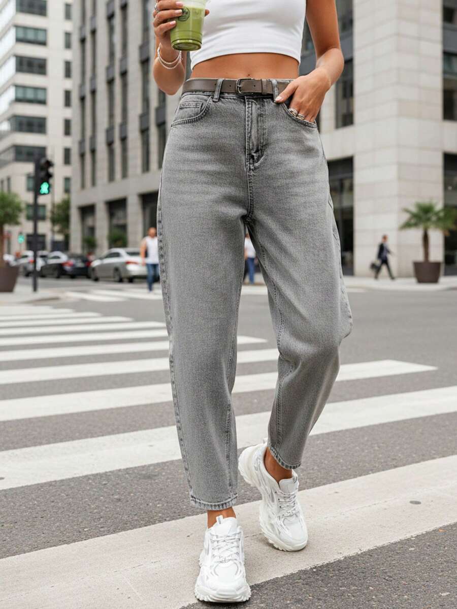 Women's High-Waisted Wide-Leg Jeans, Long Jeans With Five Zippered Pockets, Tapered Legs, Rounded Lines, Cotton-Spandex Blend Denim Fabric, Loose Fit At The Hips, Casual Street Style Trousers, Unique Cut. - Grey - View 1