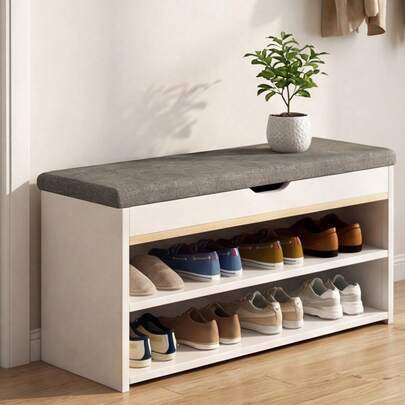 Piorlado Shoe Storage Bench Shoe Rack With Seat - Padded Folding Cushion, Hallway Storage Unit With 2 Tiers, Grey, 80x24x43cm, Living Room Lounge Hallway Bedroom