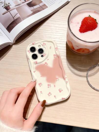 1pc Dopamine Creative Pink Flower Butterfly Swirl Cream Texture Cute Regular Phone Case Fit For IPhone11/12/13/14/15/16/17/IPhone16/15/14/13/12/11Pro Max XS/XR/X/7/8/Plus IHonor X9c/X9b/X8a/X7b Stereoscopic Wave Vintage White