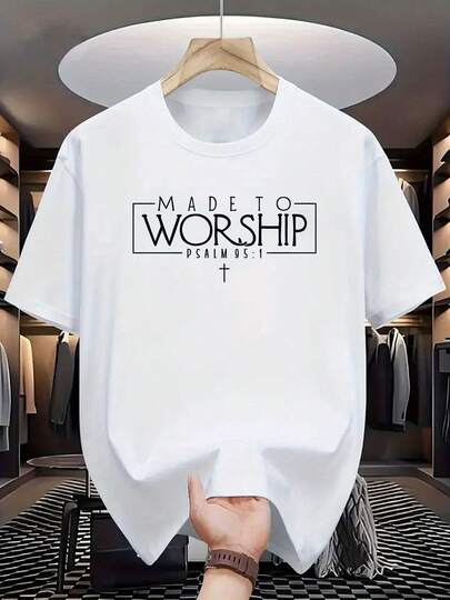 Camiseta de Hombre "Made to Worship" |   Suave, Cómoda Camiseta de Cuello Redondo con Diseño Estampado Audaz, Perfecta para Estilo Urbano Casual, Actividades al Aire  Ropa Casual, Comodidad Diaria |   Moda de Verano |   Textura de Punto