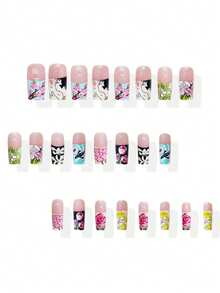 升级你的造型，24片中方形全覆盖亮面假指甲，专为女性设计，精美花朵日式涂鸦法式美甲，时尚、简约、优雅、日常、经典款式，适合春夏佩戴。 - 彩色 - 查看 4