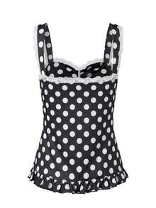 Women's Fairy Grunge Polka Dot Lace Camisole Cute Lace Trim Bow Tank Tops Y2K Ruched Lace Ruffled Hem Cami Tops Sleeveless Slim Fit Crop Tops For Teen Girls Sweet Shirts Summer Vintage Aesthetic Clothes Casual Streetwear - đen - Xem 6