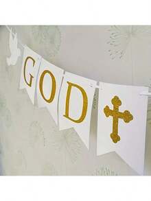 1set,White Gold God Bless DIY String Banner With Cross, Floral Pennant Flag Garland,Gold Glitter God Bless Cross Bunting Banner For Baptism Christening Babe Dedication First Communion Religious Party Decorations - View 3