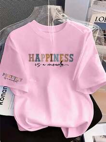 Women's New Simple Cute Pattern Casual Vacation Style Loose Versatile Round Neck Short Sleeve T-Shirt, Fashionable Everyday Top, Suitable For Daily Vacation Wear. Pink Summer - Pink - View 5