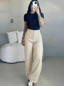 女士高腰阔腿裤，休闲优雅办公裤，纯色宽松直筒裤，柔软舒适日常休闲裤，时尚简约春秋季职场穿搭，不含腰带 - 杏色 - 查看 7