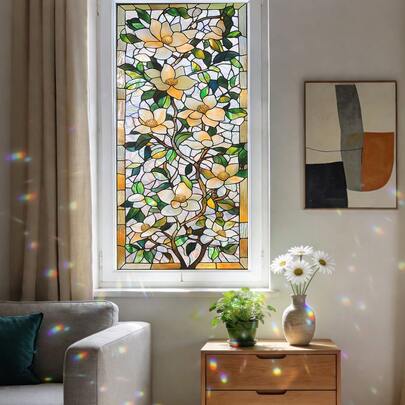 1/5pcs Fresh And Elegant Floral Stained Glass Window Decals, Reusable PVC Electrostatic Adsorption Privacy Film, Suitable For Bathroom, Bedroom, And Balcony Decoration, A Perfect Spring Gift.