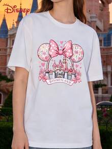 Minipol Dot Bow Castle DISNEYLAND Printed White Loose Short Sleeve T-Shirt Women's Casual Top - 白色 - 查看 2