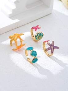 Set de 4 anillos de metal con diseños de dopamina, estrella de mar, concha y playa, adecuados para usar de vacaciones, versátiles y elegantes - Naranja - Ver 4