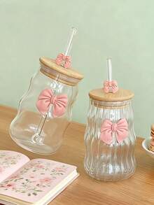 One Glass With A Bamboo Lid And Straw, Striped Design, Suitable For Water, Iced Coffee, Milkshakes, Fruit, And Juice. Features A Pink Bow Print, Is Reusable, Perfect For Summer Drinks, And Is A Large-Capacity Portable Beverage/Juice Glass For Outdoor Travel. Ideal For Home, Office, Parties, Birthday Parties, Holidays, And Christmas. Suitable For Both Summer And Winter Use. - Clear - View 4